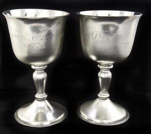 image shows two silver communion goblets made by Johan Gottleif Bilsinds inscribed ‘The Communion Cups of the Kirk of Drymen 1732’