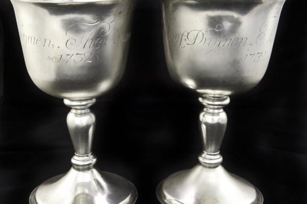 image shows two silver communion goblets made by Johan Gottleif Bilsinds inscribed ‘The Communion Cups of the Kirk of Drymen 1732’