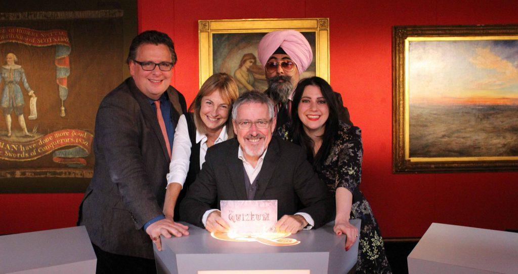 Programme Name: The Quizeum - TX: n/a - Episode: The Quizeum S2 - ep 4 - The Stirling Smith Museum, Scotland (No. 4) - Picture Shows: Lars Tharp, Helen Rosslyn, Griff Rhys Jones, Hardeep Singh Kohli, Dr Janina Ramirez - (C) Modern Television - Photographer: -