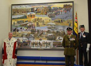 The artwork, Service will be on show in the Smith for 4 weeks, here it is welcomed by Stirling Provost Robbins, Maurice Walsh RLC, Harry McEwan RBLS Standard Flag Bearer