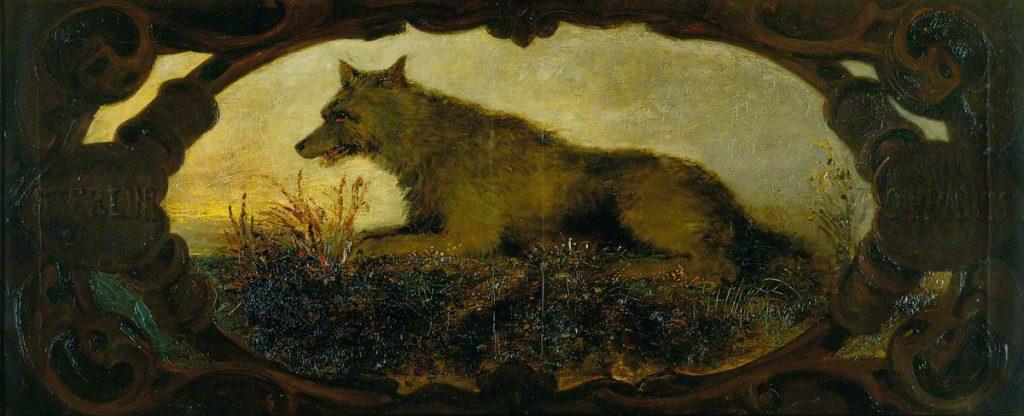 A wolf lies on a bed of wildflowers. An eleborate painted wood frame forms an oval shape around the wolf.